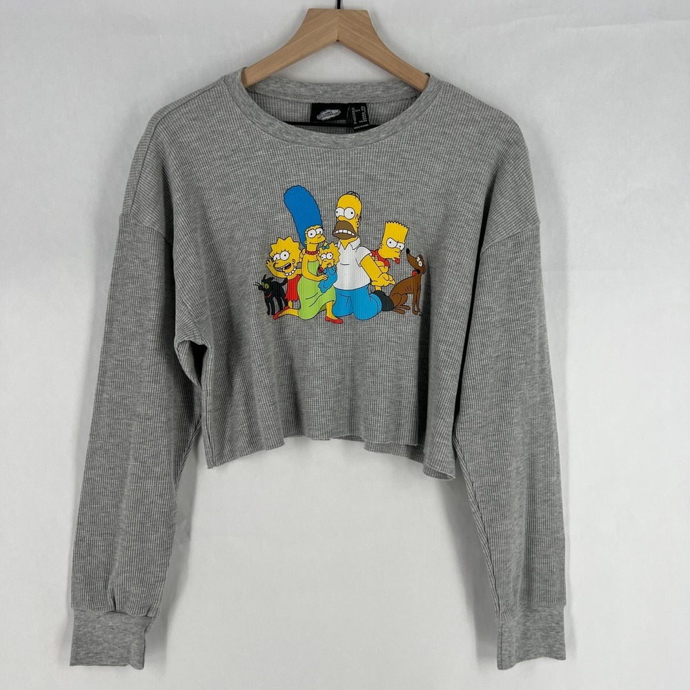 The Simpsons Family Thermal Waffle Knit Crop Top Womens M/L Gray Graphic Cotton